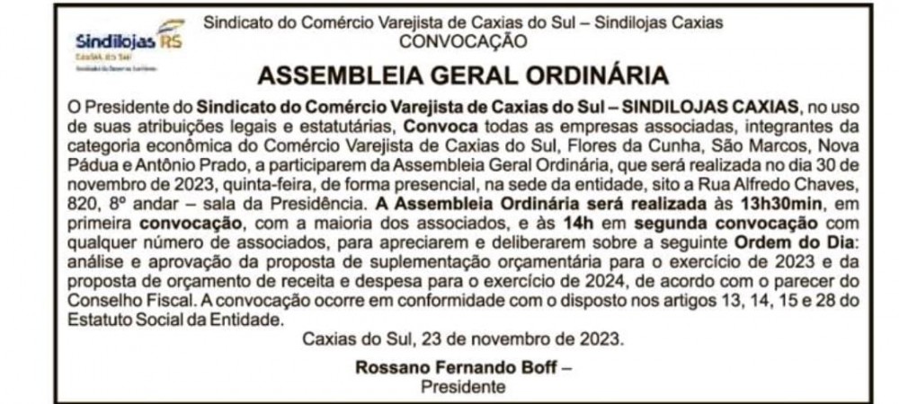 Sindicato do Comércio Varejista de Caxias do Sul – Sindilojas Caxias CONVOCAÇÃO